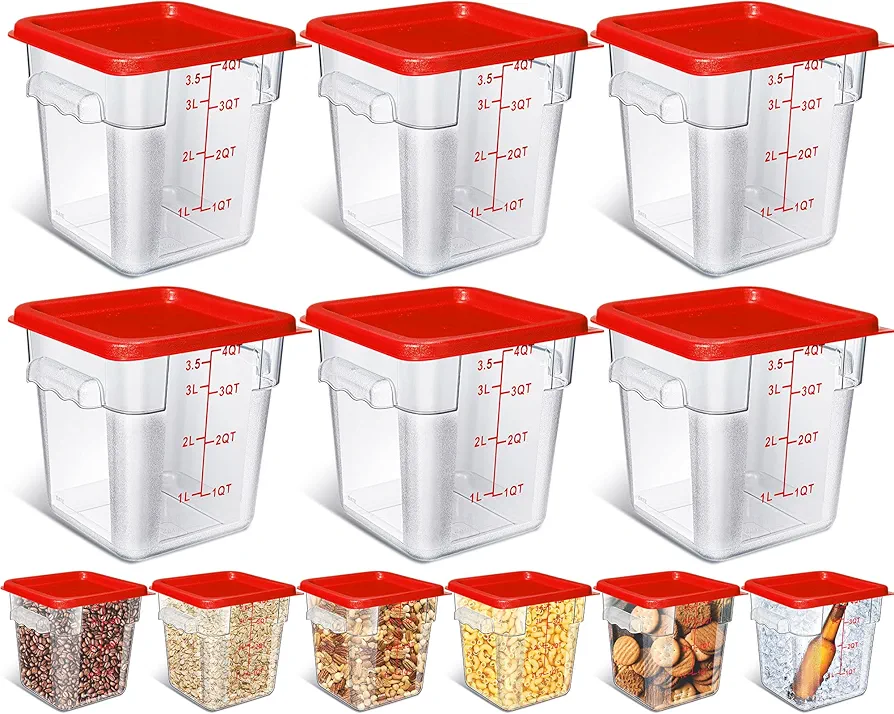 Yungyan 6 Pcs Commercial Food Storage Containers 4 Qt Square Acrylic Airtight Food Storage Containers with Lids Clear Cereal Storage Containers for Pantry Kitchen Restaurant Freezer Flour Sugar (Red)