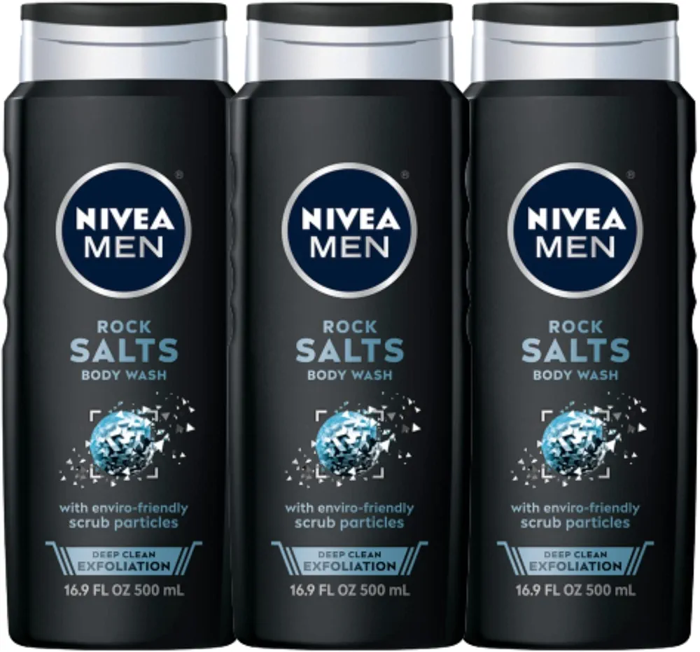 Nivea Men Deep Clean Rock Salts Body Wash, Exfoliating Rock Salt Body Wash, 3 Pack of 16.9 Fl Oz Bottles