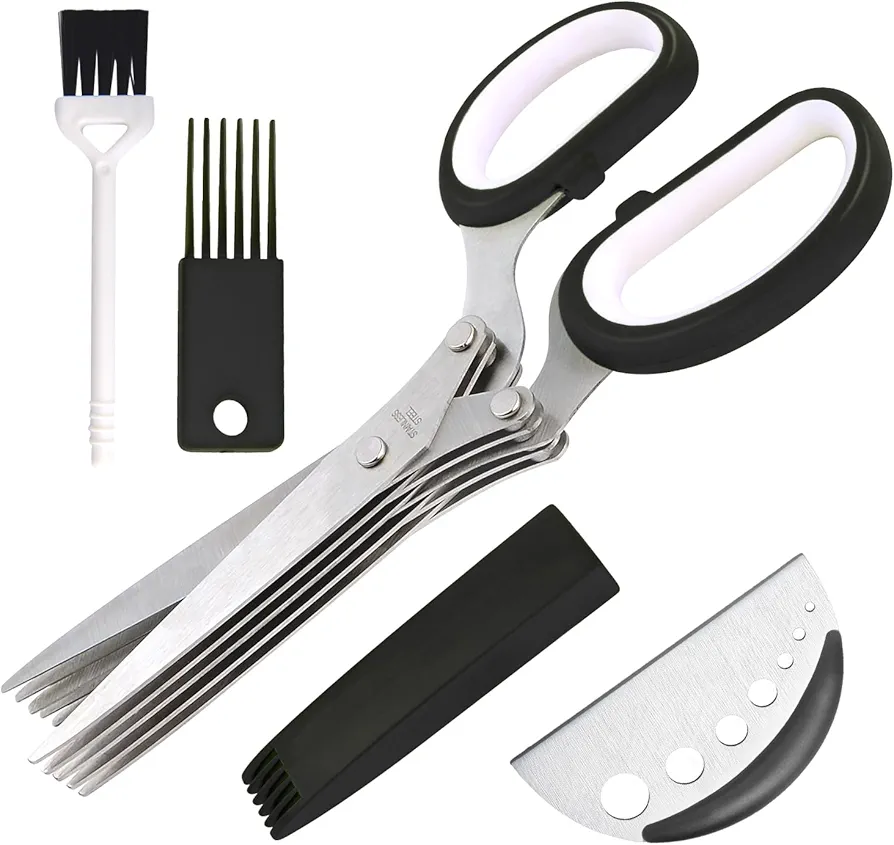 Kyoryuger Herb Scissors 5 Blade Kitchen Salad Scissors Set with Herb Stripper & Safety Cover & Cleaning Comb Stainless Steel Blade Kitchen Salad Scissors Black Kitchen Shears Kitchen Gadgets 2025