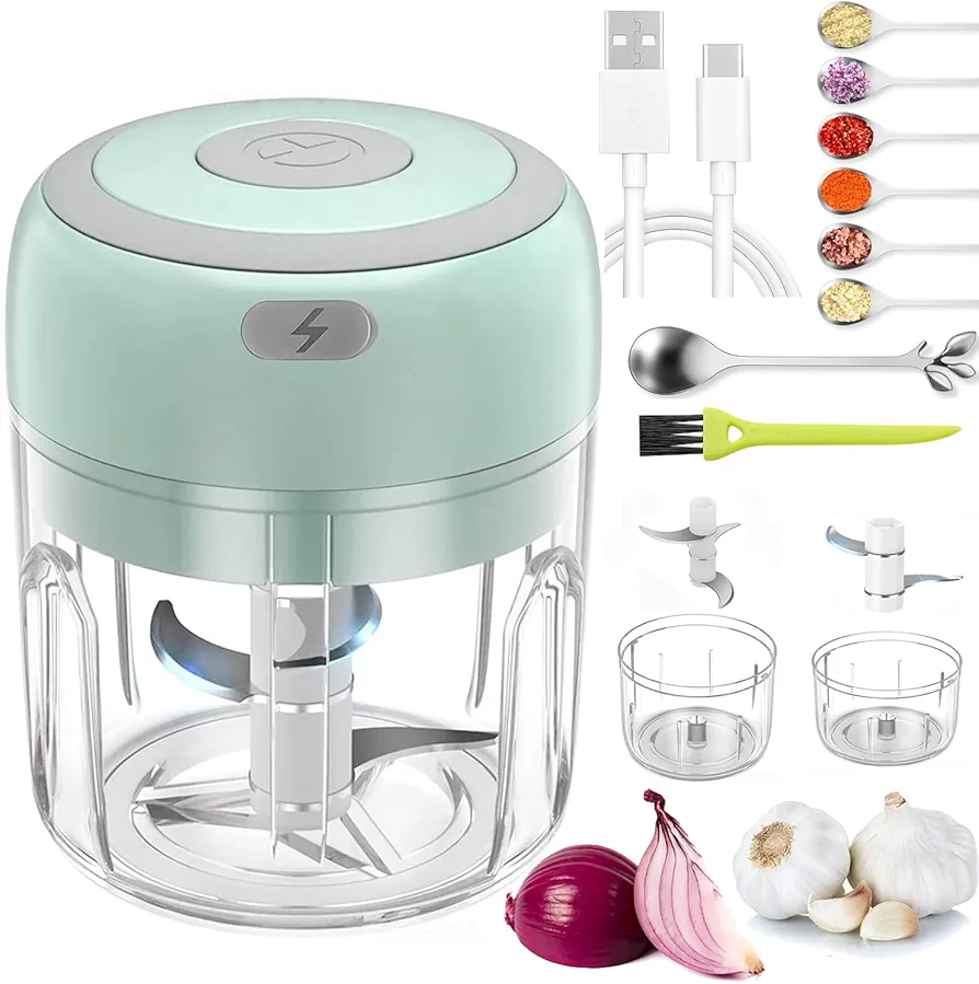 Electric Mini Garlic Chopper 2 Cup,Portable Cordless Food Processor, Vegetable Chopper Blender Onion Mincer,Meat Grinder with USB Charging for Chili,Pepper,Baby Food,Spice, Nuts,Herb(Green 100+250ml)