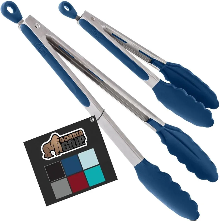 Gorilla Grip Stainless Steel Heat Resistant Kitchen Tongs for Cooking, 9 + 12 Inch, Set of 2 BBQ Tong, Non Scratch Silicone Tip for Pan, Strong Grip, Grab Food, Toss Salad, Air Fryer, Pull Lock, Blue