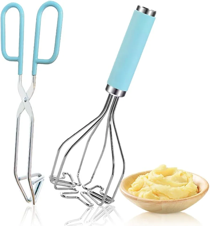 2in1 Potato Masher Kitchen Food Tongs Set - Heavy Duty Stainless Steel Kitchen Tool for Potatoes, Avocados, Beans, or Fruit & Vegetable