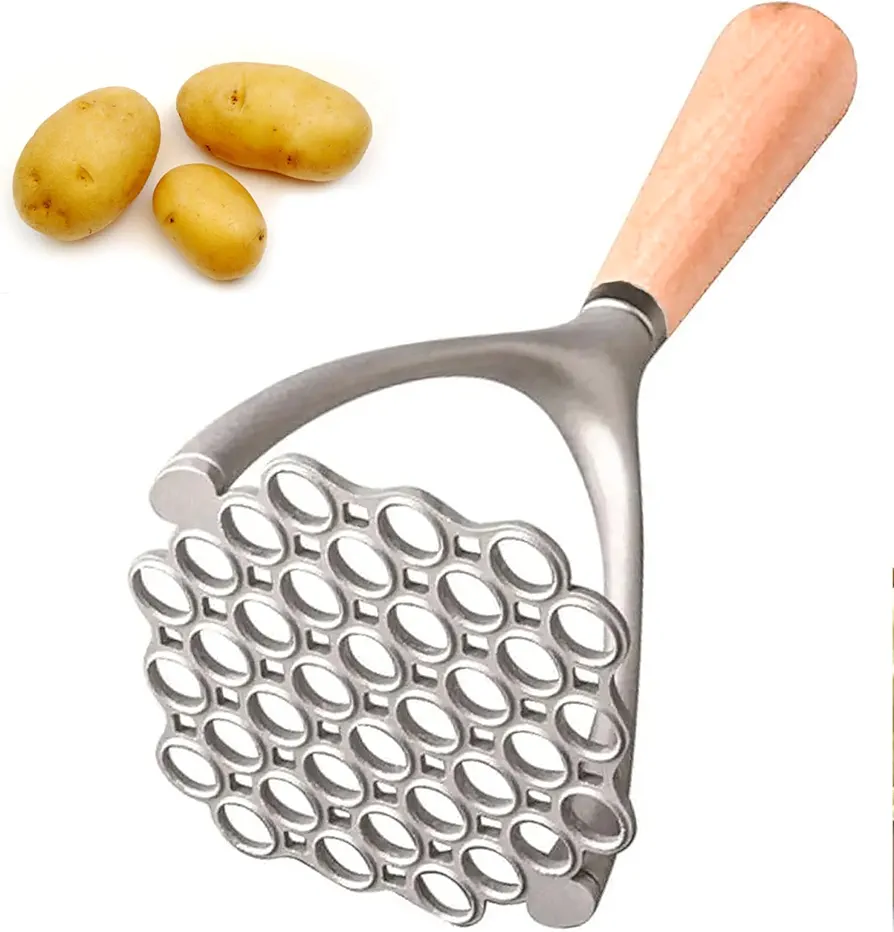Sturdy Masher, Potato Masher Aluminum Alloy Kitchen Tool/Food Masher with Non-slip Wood Handle, Perfect for Mashing Root Vegetables, Beans, Avocados, Fruits, and Nuts, 9.25-Inch