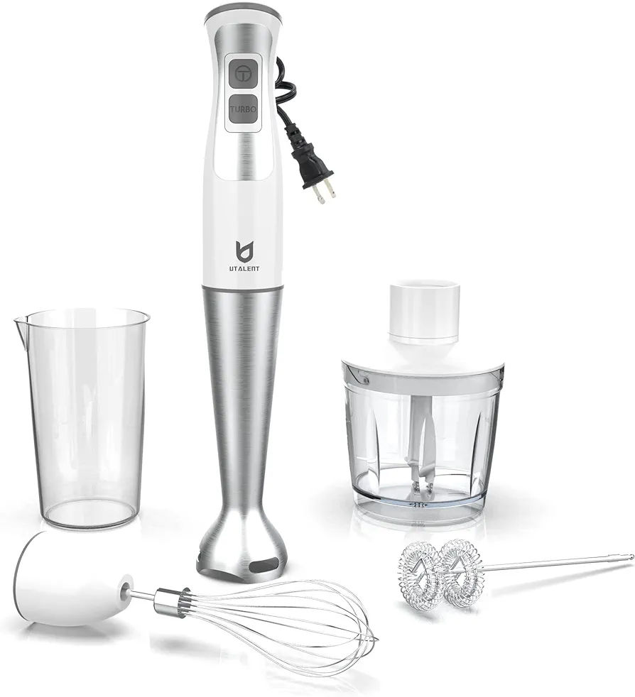 Immersion Hand Blender, UTALENT 5-in-1 8-Speed Immersion Blender with 500ml Food Grinder, 600ml Container,Milk Frother,Egg Whisk,Puree Infant Food, Smoothies, Sauces and Soups - White