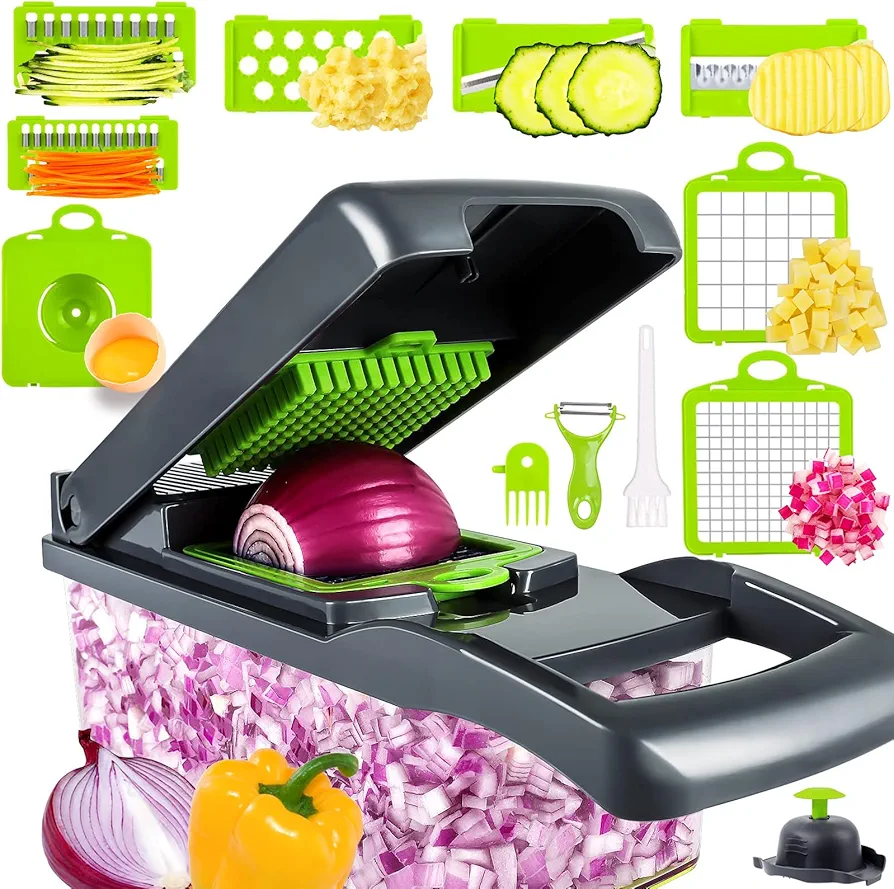 Pro All-in-1 Vegetable Chopper with Container, Mandoline Slicer & Cheese Grater Cabbage Shredder Tomato Potato Dicer, Salad Chopper, Onion Chopper, Veggie Chopper, Chopper Vegetable Cutter 8 Inserts