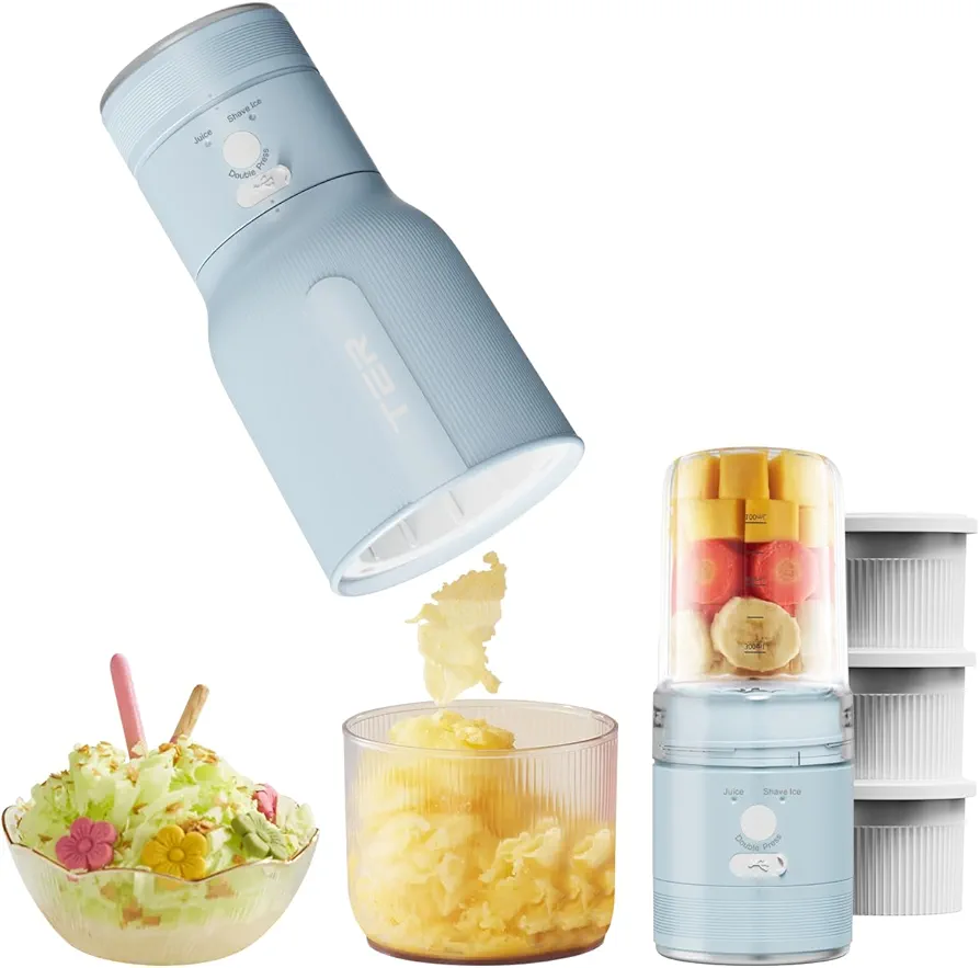 TER Ice Shaver Machine Portable Blender 2 In 1, Shaved Ice Machine for Home, Snow Cone Machine Ice Shaver Machine, Portable Blender for Shakes and Smoothies, Cordless Electric, Rechargeable, Sky Blue