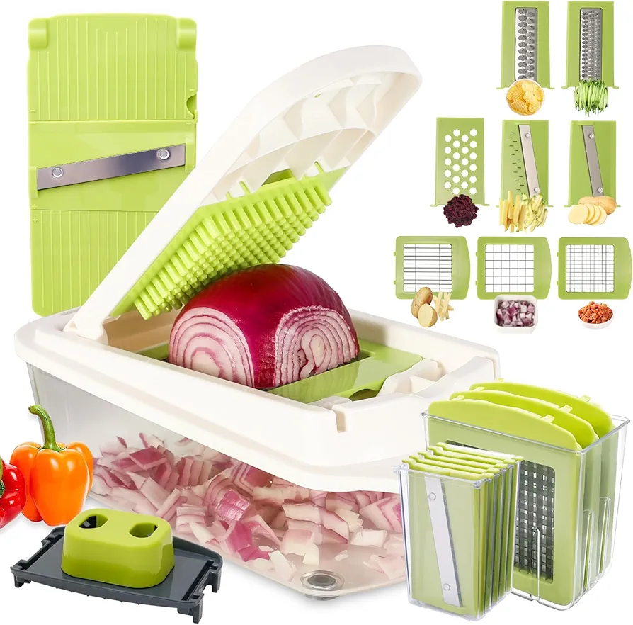 ZHANG XIAO QUAN SINCE 1628 8-in-1 Vegetable Chopper with Container - Veggie Onion Chopper, Mandoline Slicer, Salad Chopper, French Fry Cutter, Pro Food Chopper, Kitchen Gadgets with Cleaning Tools