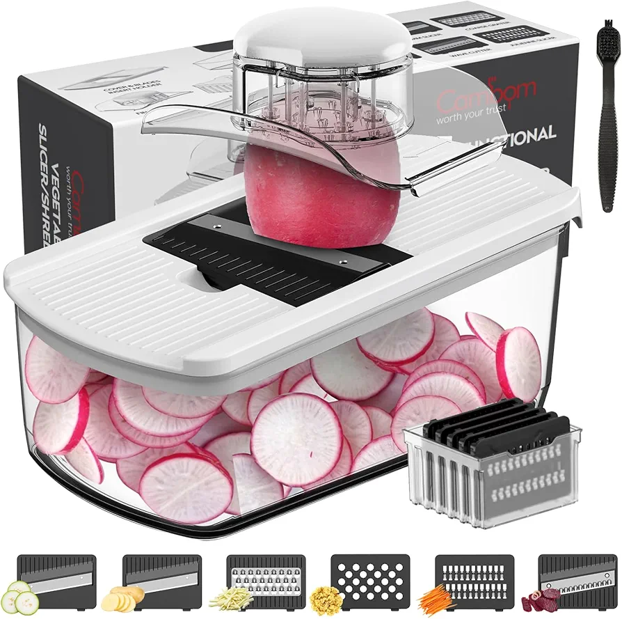 Cambom Mandoline Slicer Vegetable Slicer Multifunctional Veggie Slicer Spiralizer With 2 L Container for Potatoes, Tomatoes, Cucumbers, Carrots With 6 Blades White
