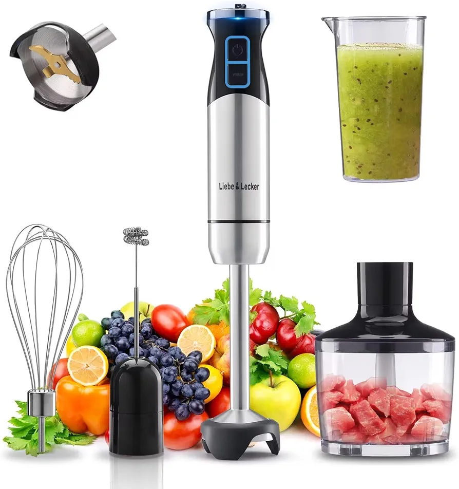 Liebe&Lecker 5 IN 1 Hand Blender, Immersion Blender 8-Speed with Whisk, Milk Frother Attachments, Portable Stick Mixer for Baby food, Smoothies & Soups. (Corded 1095)