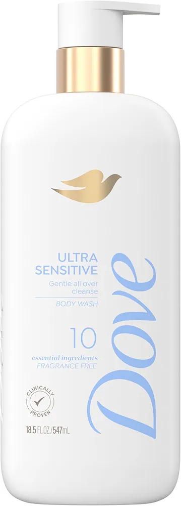Dove Fragrance Free Body Wash Ultra Sensitive Gentle all-over cleanse 10 essential ingredients 18.5 oz