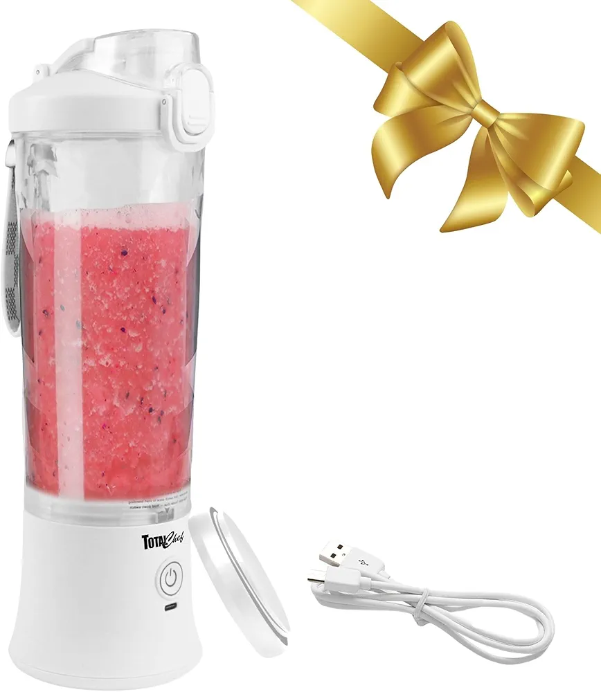 Total Chef Portable Blender White USB Rechargeable 20 oz Personal Blender Leakproof Travel Lid Compact Lightweight Smoothies Shakes Ice Crushing Self-Cleaning LED Indicators BPA-Free Dishwasher Safe