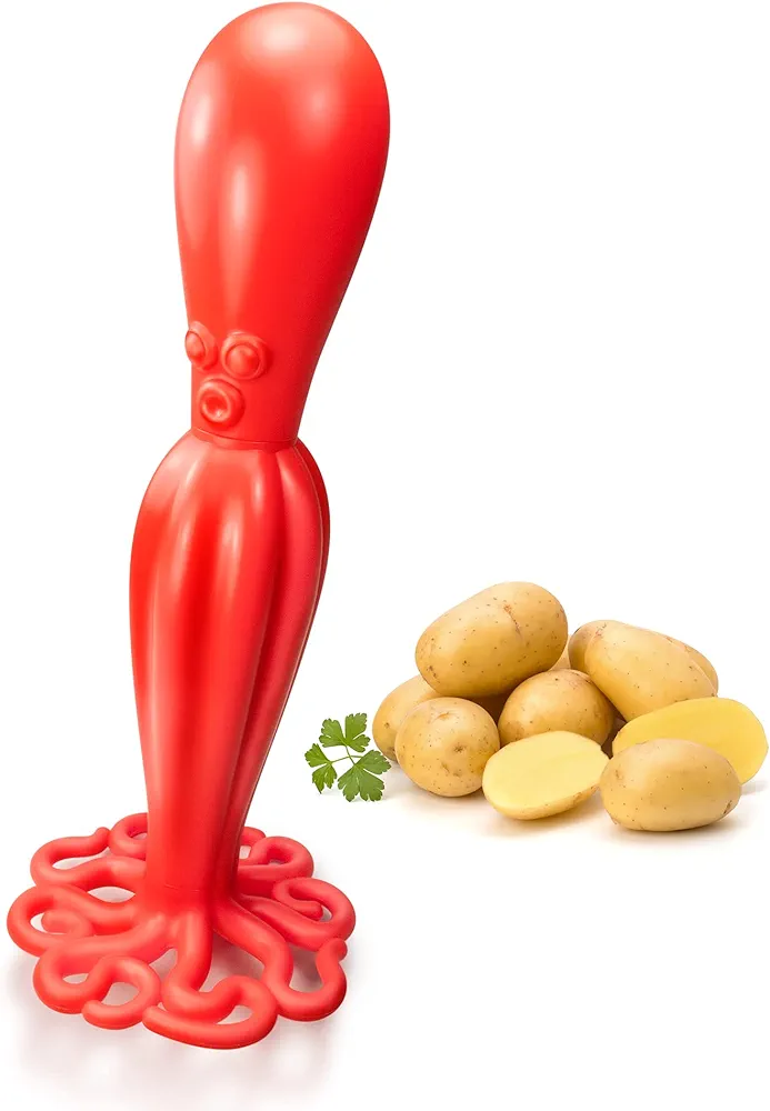 HOOBBE Red Kraken Octopus Themed Plastic Potato Masher For Making Mashed Potatoes, Avocado, Bean, Plantain, Baby Food, Soft Cooked Food and Fruit, Smasher Kitchen Tool to Mash, Fun Holiday Gift