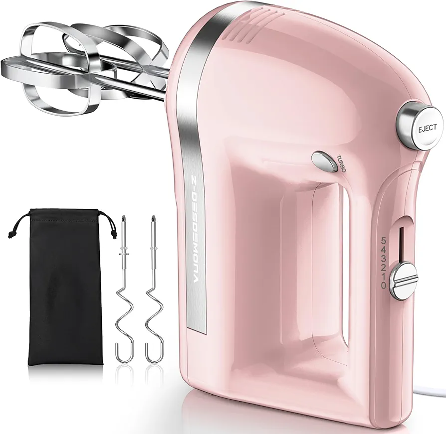 Electric Hand Mixer, Powerful 300W Hand Mixer Electric Handheld with 304 Beaters, Dough Hook,Hand Held Mixer with Turbo for Baking Cakes, Eggs, Cream Food(Pink)