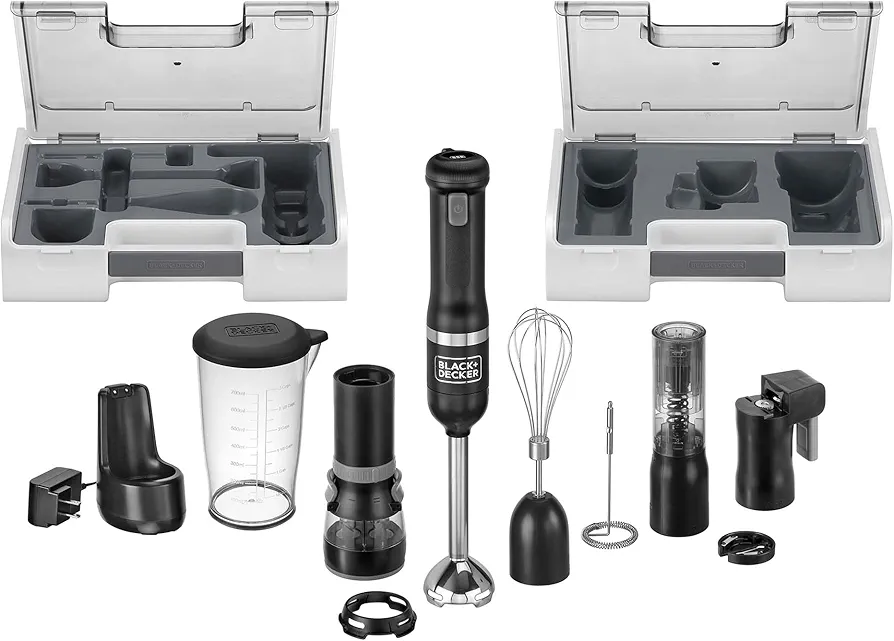 BLACK+DECKER Kitchen Wand Cordless Immersion Blender, 6 in 1 Multi Tool Set, Hand Blender with Charging Dock, Black (BCKM1016KS10)