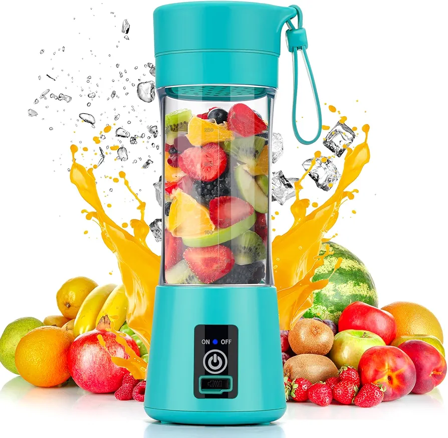Personal Blender for Shakes and Smoothies, USB Rechargeable Shaker, Portable Juicer with Six Cutters, 380ML Juice Bottle for Travel Gym（Teal）