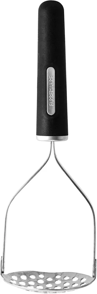 Farberware Professional Soft Handled Potato Masher Heavy-Duty Concave Head with Flat Tip for Easy Resting Stainless Steel , 10-Inch, Black