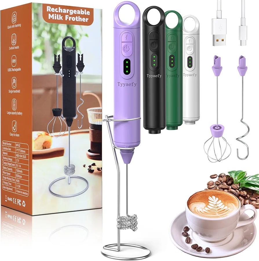 Rechargeable Milk Frother Handheld for Coffee, Portable Electric Egg Whisk with 3 Stainless Heads 3 Speeds Adjustable, Powerful Drink Mixer Foam Maker-One Year Warranty (Light Purple)