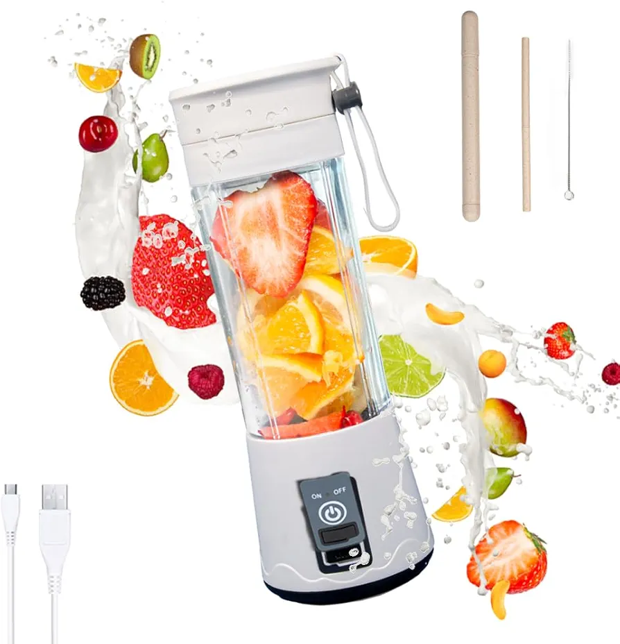 Portable Blender for Shakes and Smoothies Personal Small Drink Electric Blender Cup USB Rechargeable 380ml(13oz) and 6 Blades Shake Mixer Tarvel Mini Fresh Juice Blender Bottle with a Straw (white)