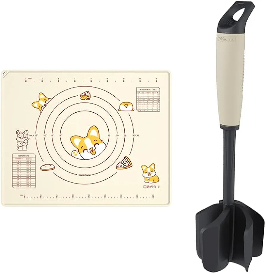 Ourokhome Upgrade Meat Chopper and Potato Masher, Heat Resistant Ground Meat Smasher for Hamburger Meat, Silicone Baking Mat Sheet and Pastry Dough Cutter BPA free Silicone Rolling Mat