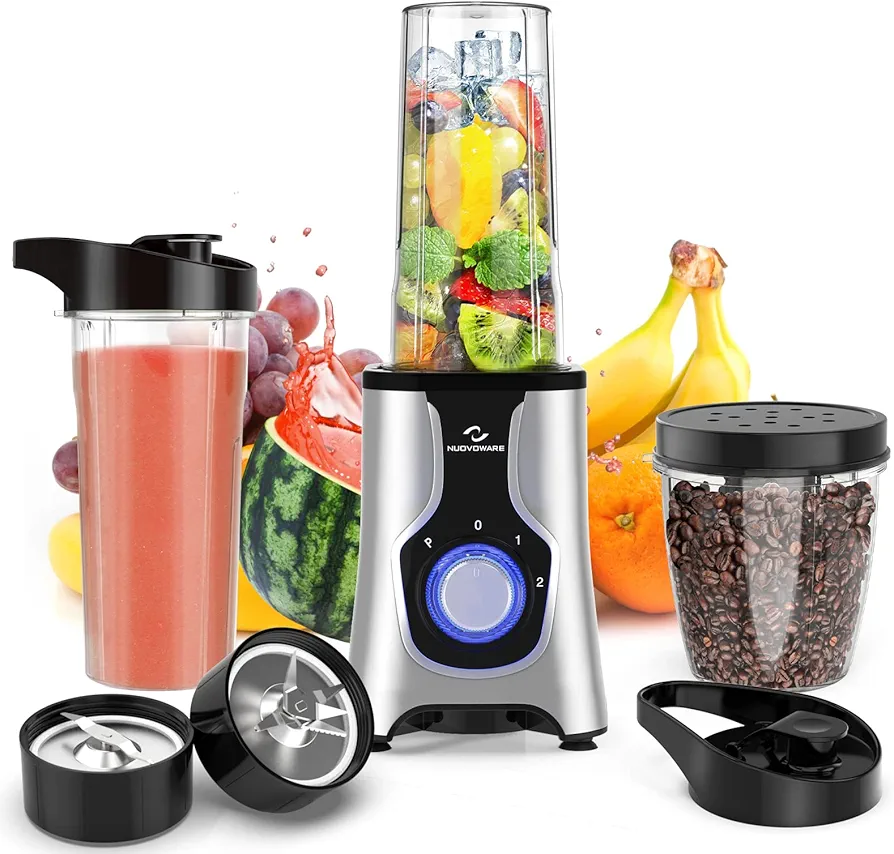 Nuovoware Portable Blender for Shakes and Smoothies, 12 PCS Personal Size Blenders with 6-Edge Blade, 600W Smoothie 2 * 20oz Bottle, 3 Speeds Juice, Protein Drinks, Silver Gray