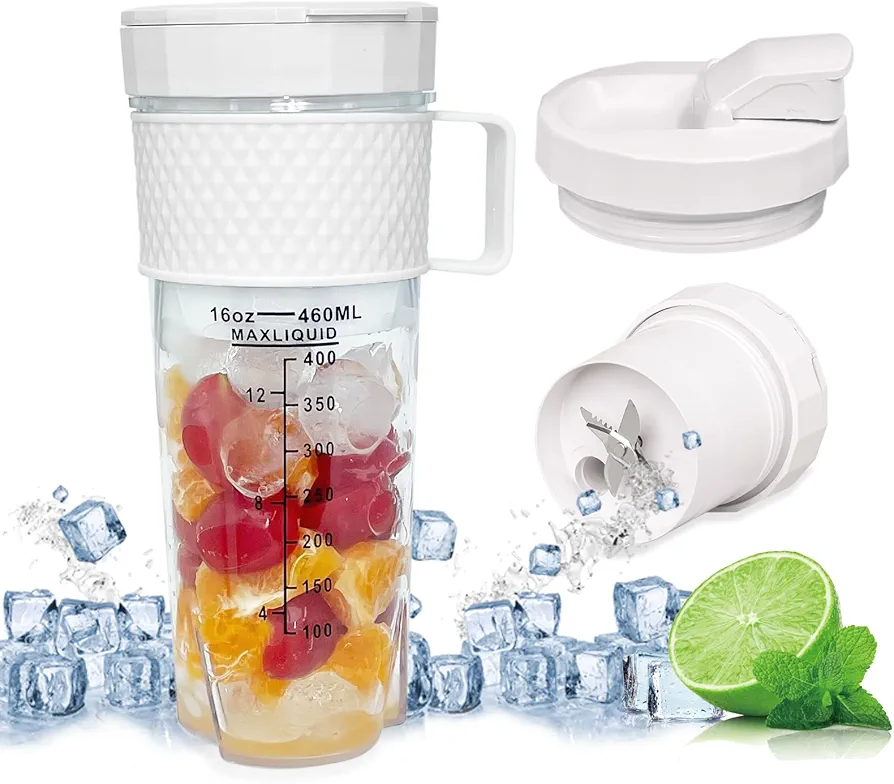 Portable Blender with Leakproof Lid for Shakes and Smoothies, 16 Oz Rechargeable Type-C Personal Mini Cordless with Ultra Sharp 6 Stainless Steel Blades for Traveling Outdoor Gym Office White