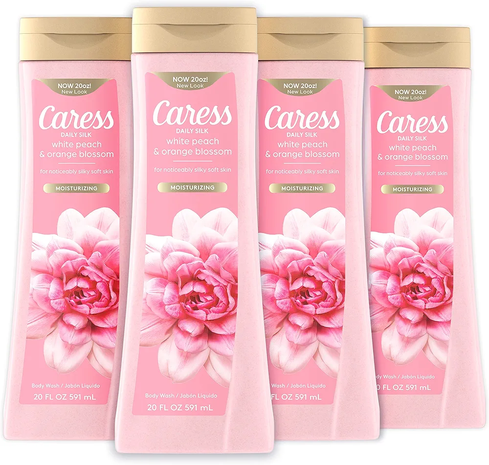 Caress Body Wash for Women, Daily Silk White Peach & Orange Blossom, Shower Gel Body Wash Moisturizing for Noticeably Silky, Soft Skin, 20 fl oz, 4 Pack