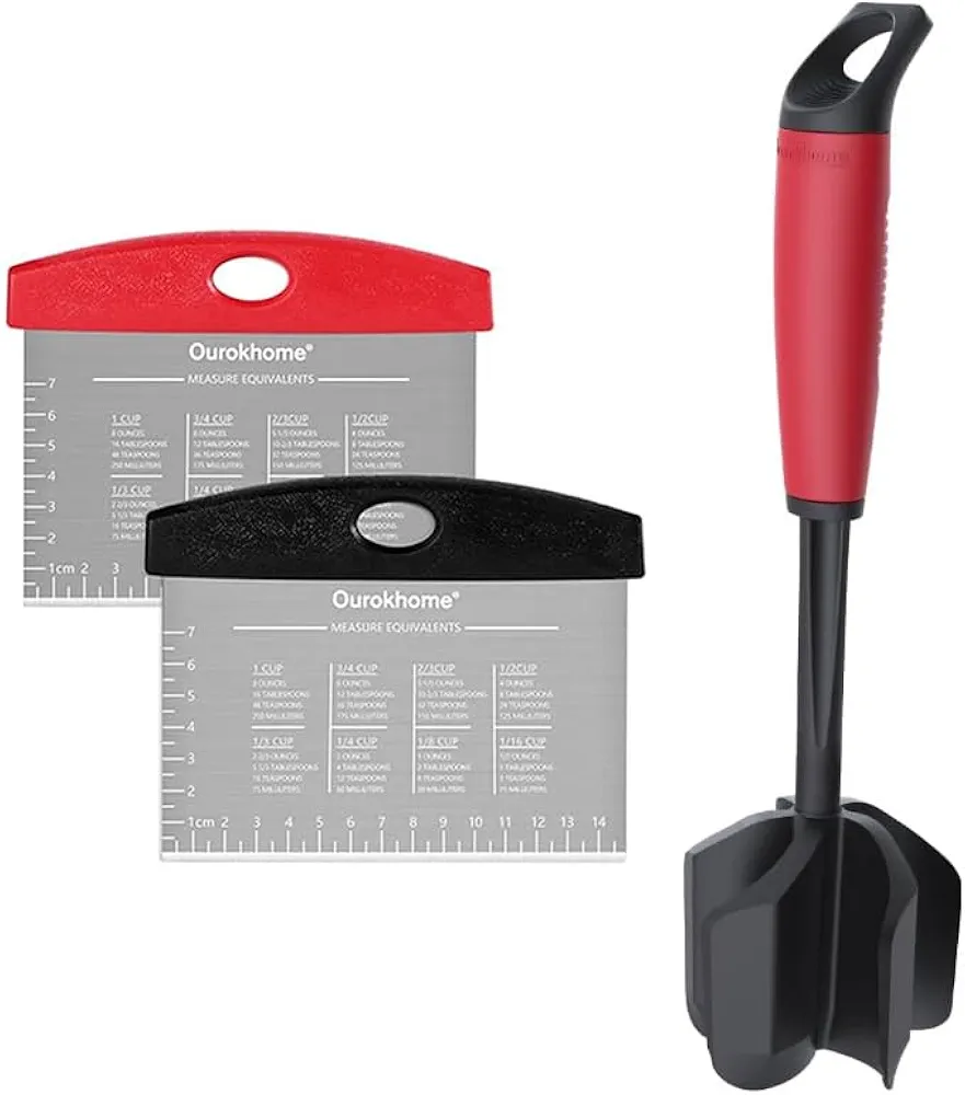 Ourokhome Pastry Dough Bench Scraper Knife and Hamburger Meat Chopper Stirrer Heat Resistant 5 Curved Blades, measurement markings and the conversion chart, Dishwasher Safe
