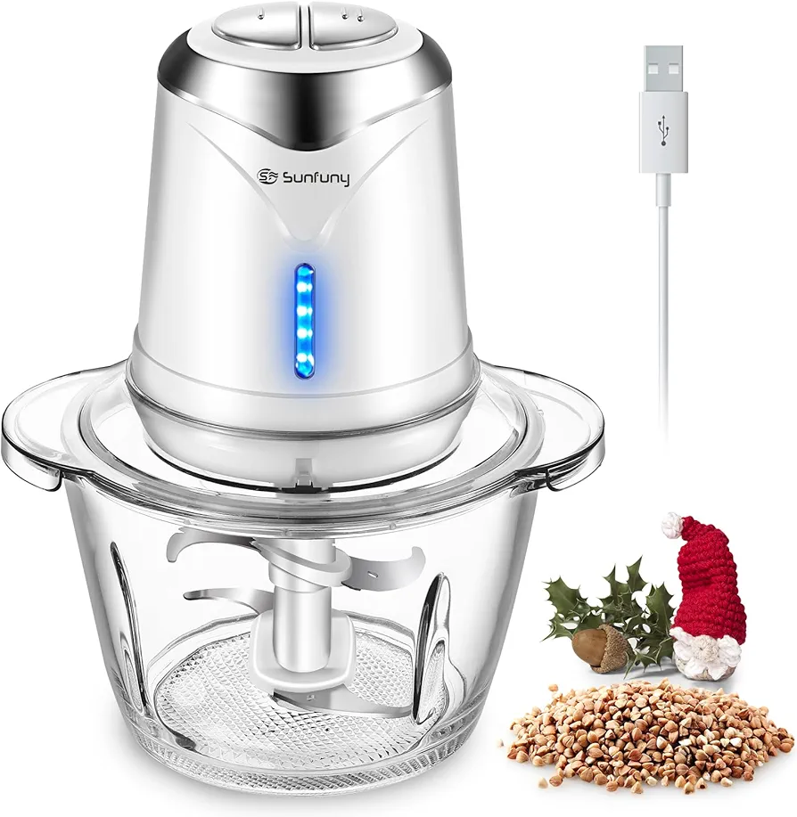 Cordless Food Processor Electric Chopper, Small Food Chopper 6000mAh with 5cup/1.2L Glass Bowl for Vegetable, Onion, Baby Food, Electric Mini Garlic Chopper Portable Meat Processor Blender Mixer,White