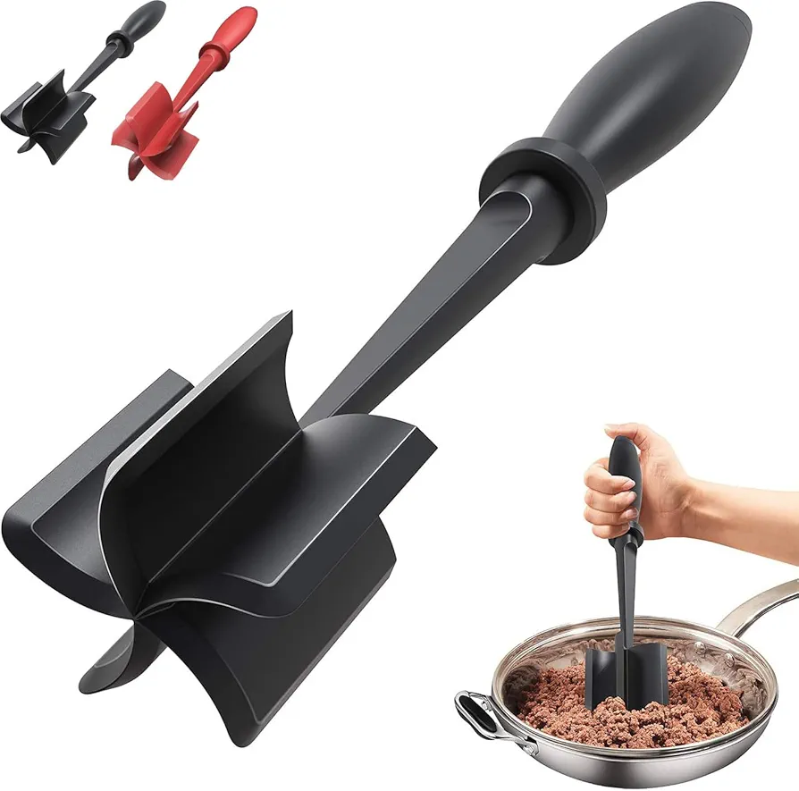 Upgrade Heat-Resistant Meat Chopper for Perfectly Smashed Ground Beef - Non-Stick Mix and Chop Nylon Utensil with Potato Masher Tool(2pcs) (red-black)