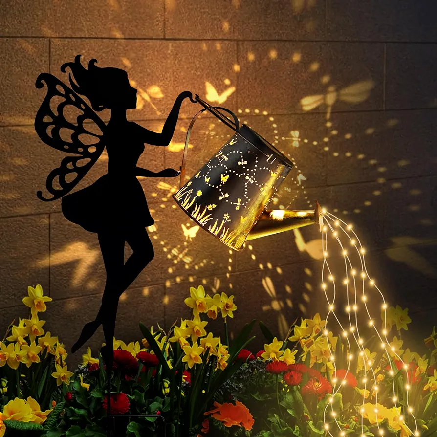 Ouddy Decor Fairy Garden Decor with Solar Watering Can, Metal Fairy Garden Statues with Hanging Lanterns Waterfall Lights Solar Christmas Gifts Silhouette Waterproof for Lawn Pathway Gardening Gifts