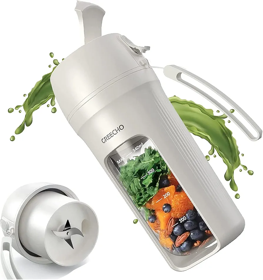 GREECHO Portable Blender, One-handed Drinking Mini Blender for Shakes and Smoothies, 12 oz Personal Blender with Rechargeable USB, Made with BPA-Free Material Portable Juicer, Cream White