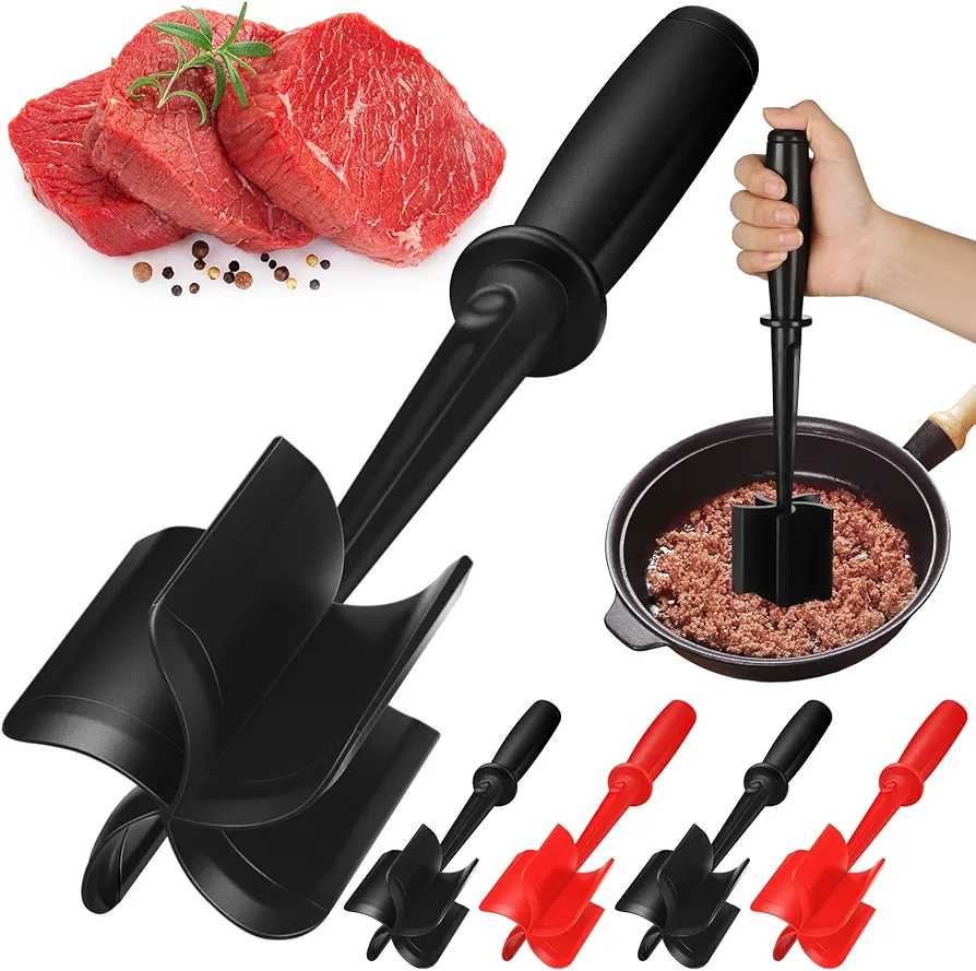 4 Pcs Meat Chopper Hamburger Chopper Beef Masher Heat Resistant Meat Masher Tool for Hamburger Meat, 5 Curved Blades Ground Beef Smasher, Nylon Non Stick Mixer, Stirrer and Kitchen Gadgets