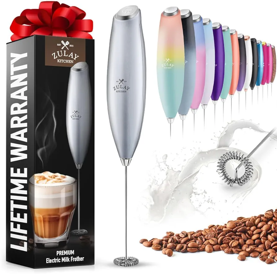 Zulay Powerful Milk Frother for Coffee with Upgraded Titanium Motor - Handheld Frother Electric Whisk, Milk Foamer, Mini Mixer & Coffee Blender Frother for Frappe, Latte, Matcha, No Stand - Silver