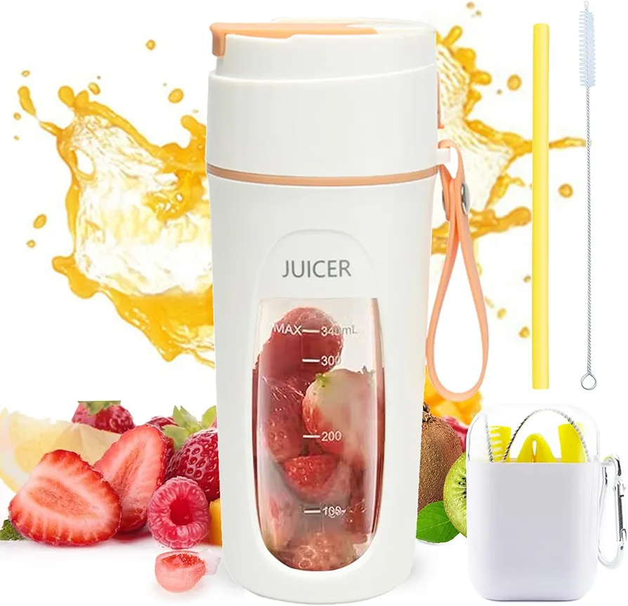 Portable Blenders with Straw and Cleaning Brush, 340ML Personal Size Blender for Shakes and Smoothies with 10 Ultra Sharp Blades, USB Rechargeable Mini Blenders for Sports Travel Outdoors