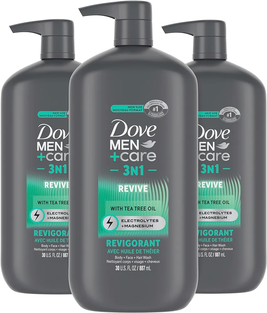 DOVE MEN + CARE Body and Face Wash Invigorating Revive 3N1 3 Count with Tea Tree Oil, with 24-Hour Nourishing Micromoisture Technology, 30 oz