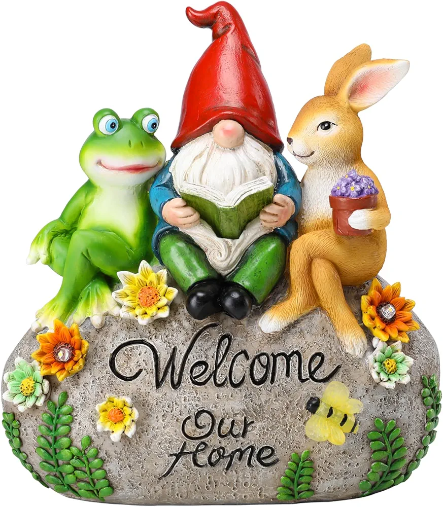 Afirst Solar Garden Outdoor Statues Solar Lawn Decor Frog Rabbit Gnome Reading on Welcome Statue Outdoor Figurines with Solar Lights for Patio Balcony Yard Ornament Outdoor Decor Gift