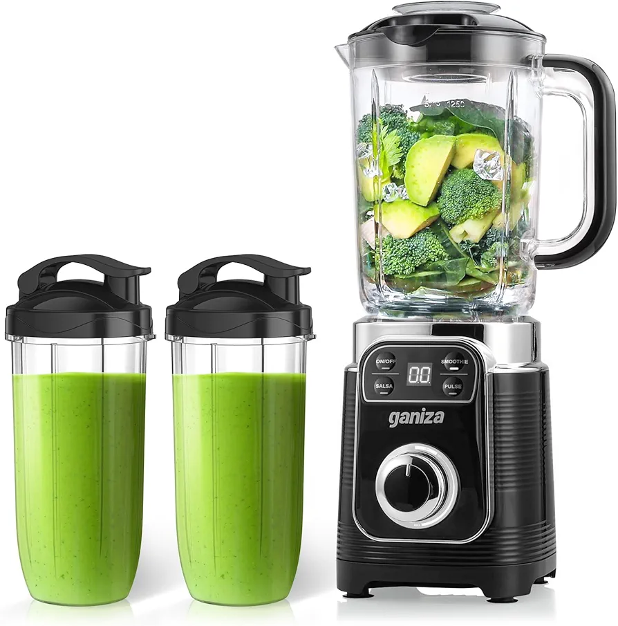 Ganiza Smoothie Blender, 12-Piece Blender For Shakes and Smoothies, 43Oz Large Blender Cup & 2 x 24Oz Portable Blender Cups, Personal Smoothies Maker for Kitchen with Auto-smart Tech & Speed Control