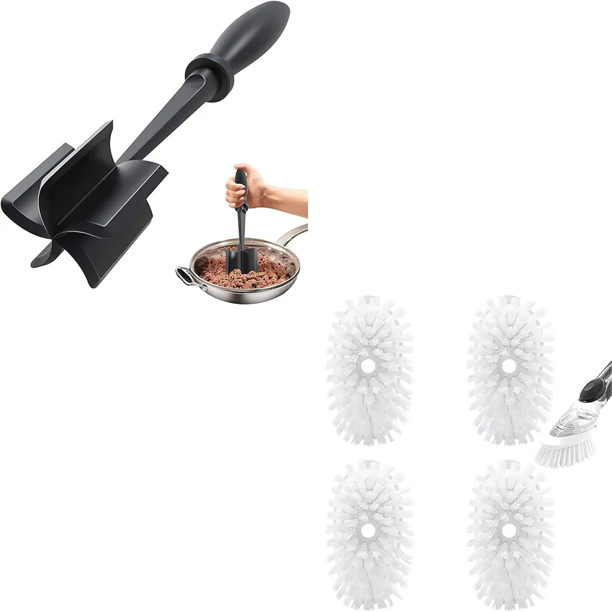 Upgrade Meat Chopper, Heat Resistant Meat Masher for Hamburger Meat/4 Pack Dish Cleaning Soap Dispensing Brush Refills for OXO Dish Brush