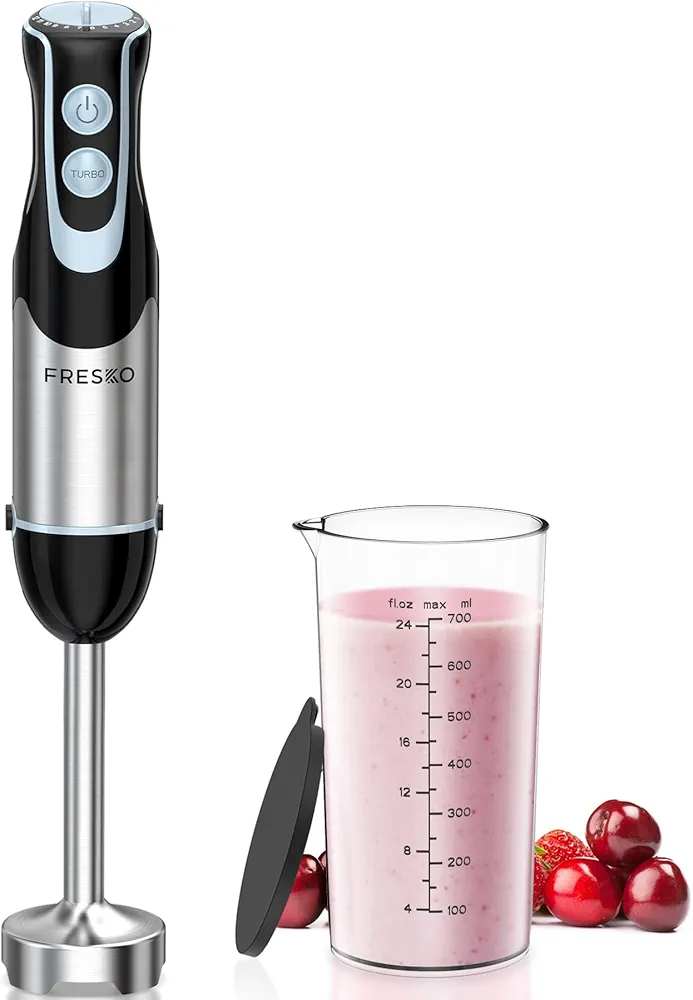 FRESKO Immersion Handheld Blender 500W with 700ml Beaker, 12-Speed & Turbo Mode Hand Blender Stick, 304 Stainless Steel Blades for Soup, Smoothie, Puree, Baby Food