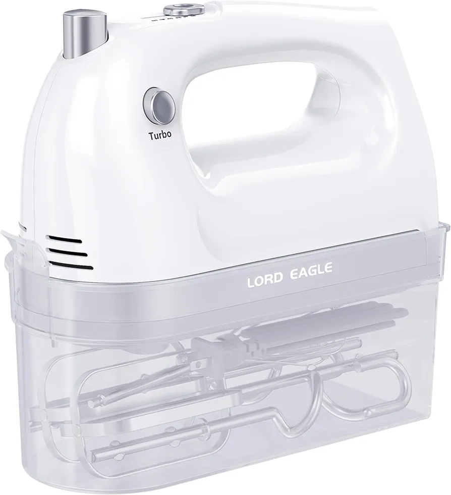 Lord Eagle Hand Mixer Electric 400W, 5 Speed handheld Mixer, 5 Stainless Steel Accessories for Baking Cake Egg Cream Food Beater, Turbo Boost/Self-Control Speed + Eject Button (White)