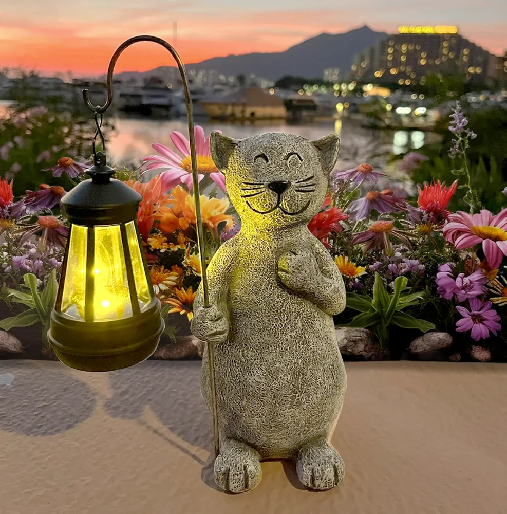 lightsfever Animal Garden Statue with Solar Lantern, Cute for Patio,Balcony,Yard, Lawn, Gift for Grandma, Garden Gifts Women, Outdoor Decor, Gardening Gifts (Gray Cat)