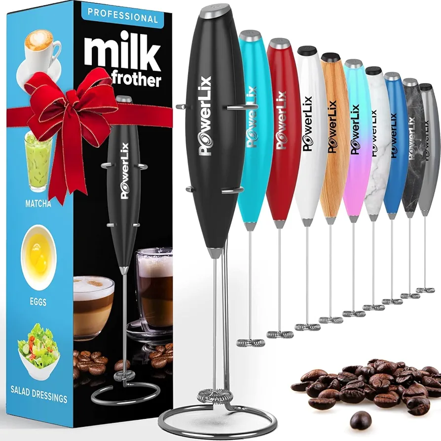PowerLix Powerful Handheld Milk Frother With Stand Battery Operated Foam Maker Frother Wand For Coffee, Latte, Cappuccino, Hot Chocolate, Mini Drink Mixer Stainless Steel Whisk (A Black)