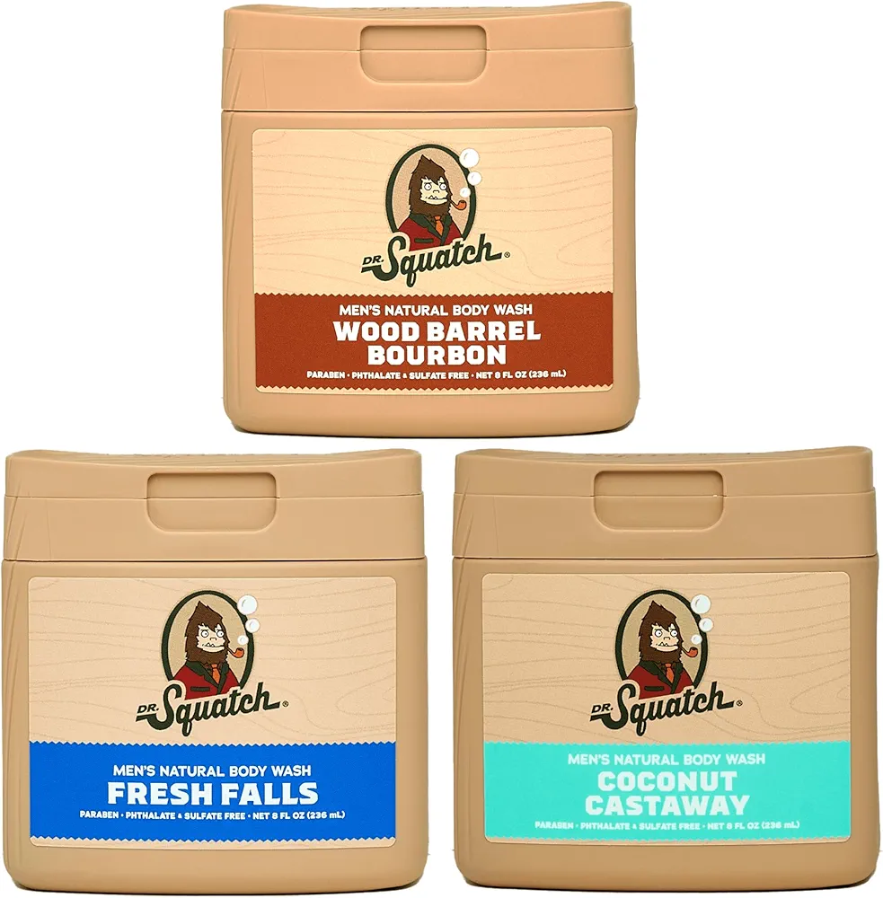 Dr. Squatch NEW Natural Body Wash for Men - Non-Exfoliating - Wood Barrel Bourbon + Fresh Falls + Coconut Castaway (8 oz, 3 Pack)