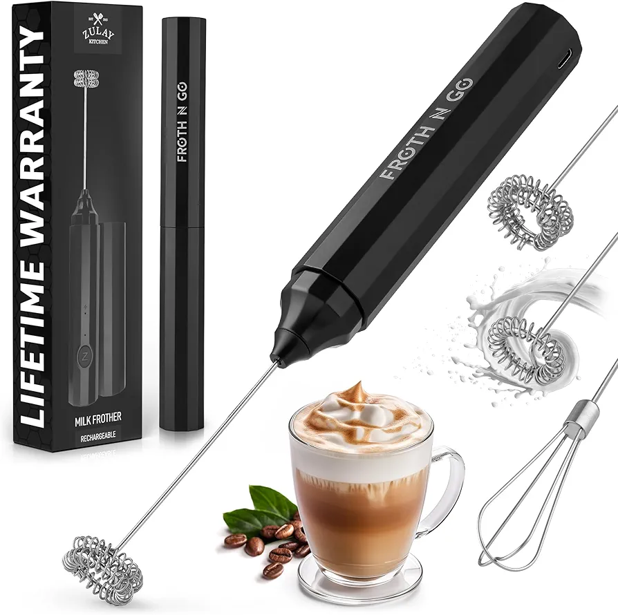 Zulay Froth N Go Milk Frother Rechargeable - 3-in-1 Frother Wand With Case & USB-C Charger - Comes With 3 Whisk Attachments for Latte, Cappuccino, Matcha, Protein Shakes - Black
