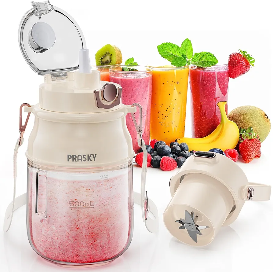 Portable Blender, Personal Blender for Shakes and Smoothies with 27oz Cup, Lid and Shoulder Strap, Type-C USB Rechargeable, Dishwasher Safe Parts, BPA free, Food and Juice for Gym/Travel/Kitchen
