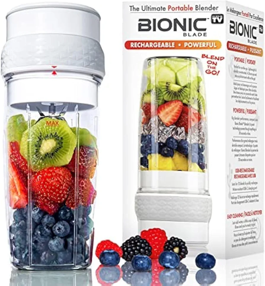 Bionic Blade Personal-Sized Blender 26.5 oz, BPA-Free, Cordless, Rechargeable 18,000 RPM Portable Blender for Shakes and Smoothies Mini Blender Portable 8.6" Tall, Seen On TV Set of 2