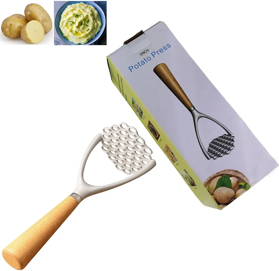 Potato Masher, Aluminum Potatoes Masher Kitchen Tool, Metal Mashed Potato Masher with Wood Handle, Ideal for Potato, Bean, Fruits, Guacamole, Avocado and Vegetables