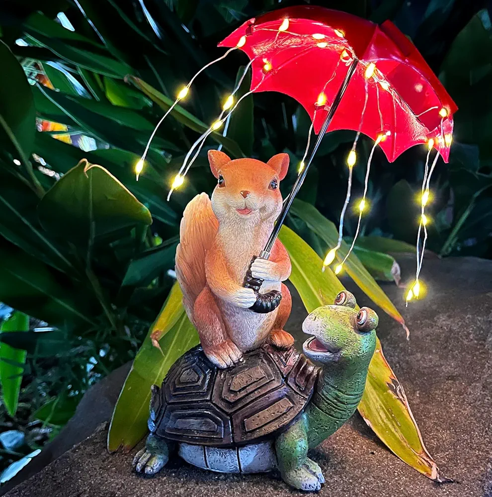 Solar Garden Decorations Outdoor Statues - Turtle Squirrel Statue Ornaments, Outdoor Waterproof Figurines with Led String Umbrella Lights for Patio Yard Decor Unique Housewarming Gifts