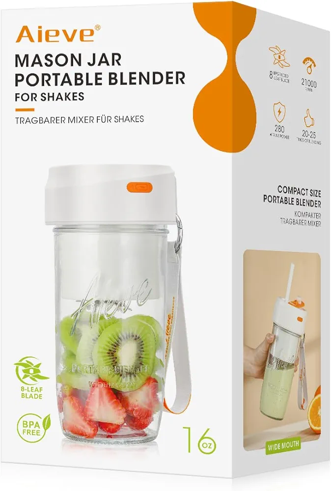 Aieve Mason Jar Blender, Personal Blender Portable Blender Cup for Wide Mouth Mason Jar (Turns Wide Mouth Mason Jar into Rechargeable Blender)