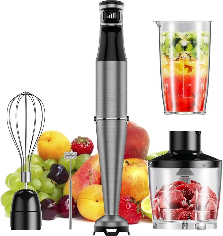 Immersion Blender Handheld 5 in 1 Hand Blender Infinitely Variable Speed 800W Stick Blenders, Emulsion Blender for Kitchen, Soup, Smoothies, with Chopper, Whisk and Frother, small, sliver